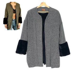POL Open Front Gray Herringbone Jacket Faux Fur Cuff Size Small